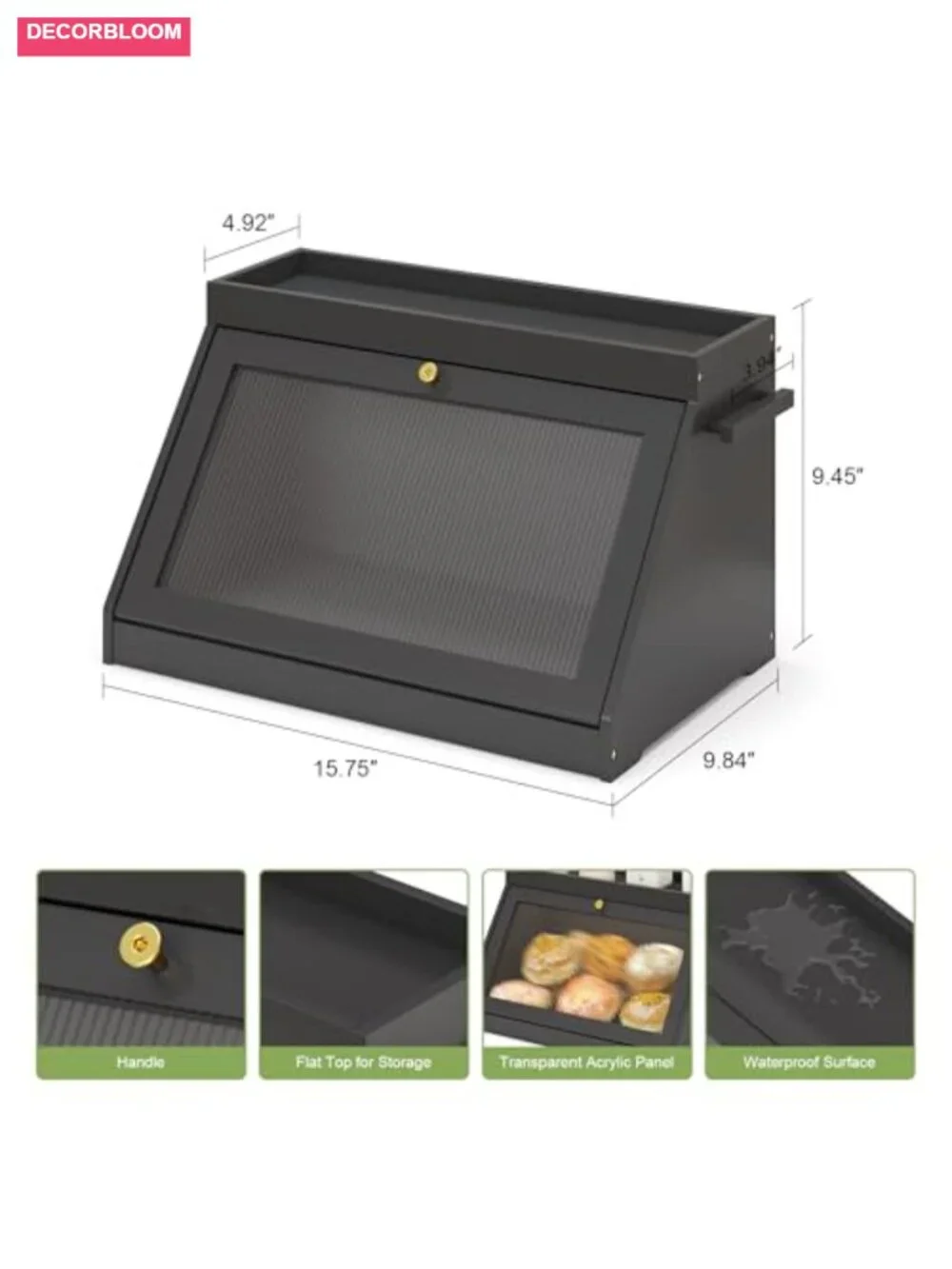 Bamboo Bread Box with Acrylic Door, Large Capacity Kitchen Storage